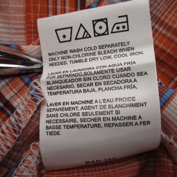Wrangler Shirt Adult 2XL XXL Pearl Snap Orange Blue Tartan Plaid Men Button Down - Picture 9 of 15